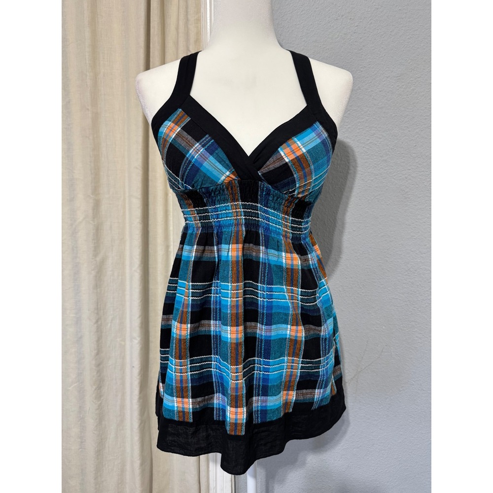 100% Cotton Women Y2K Babydoll Size S Blue Plaid Smocked Empire Waist Cross Back
